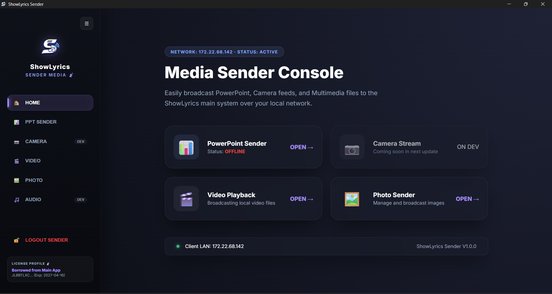 ShowLyrics Sender Media main view